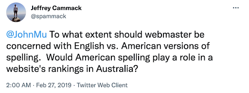 John Muellerは、英国英語と米国英語はSEOで同じであると説明しています。