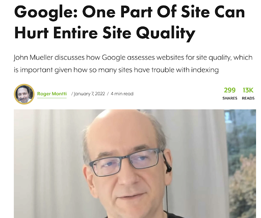 Captură de ecran a unui articol din Search Engine Journal în care John Mueller discută probleme de calitate a site-ului din cauza introducerii unei cantități mari de traduceri de calitate scăzută