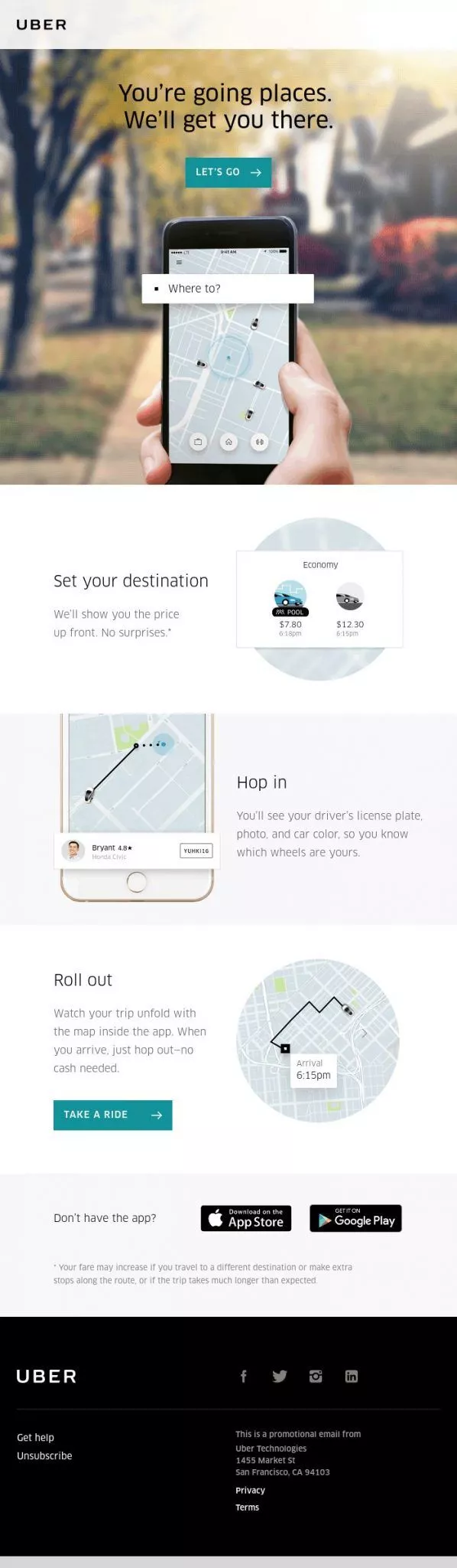 Layar pesan selamat datang dari Uber