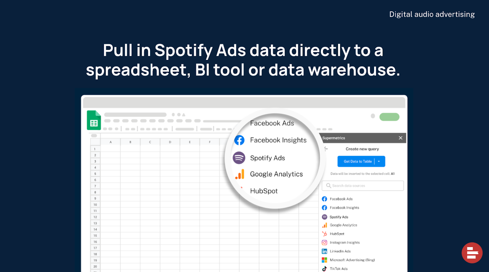 With Supermetrics, you can easily create queries to fetch any data available on Spotify Ads.