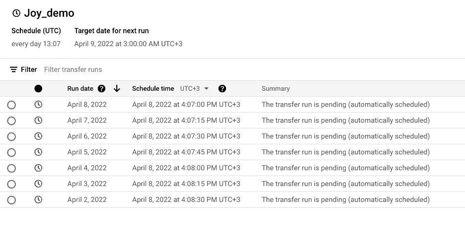 Calendario de transferencias BigQuery