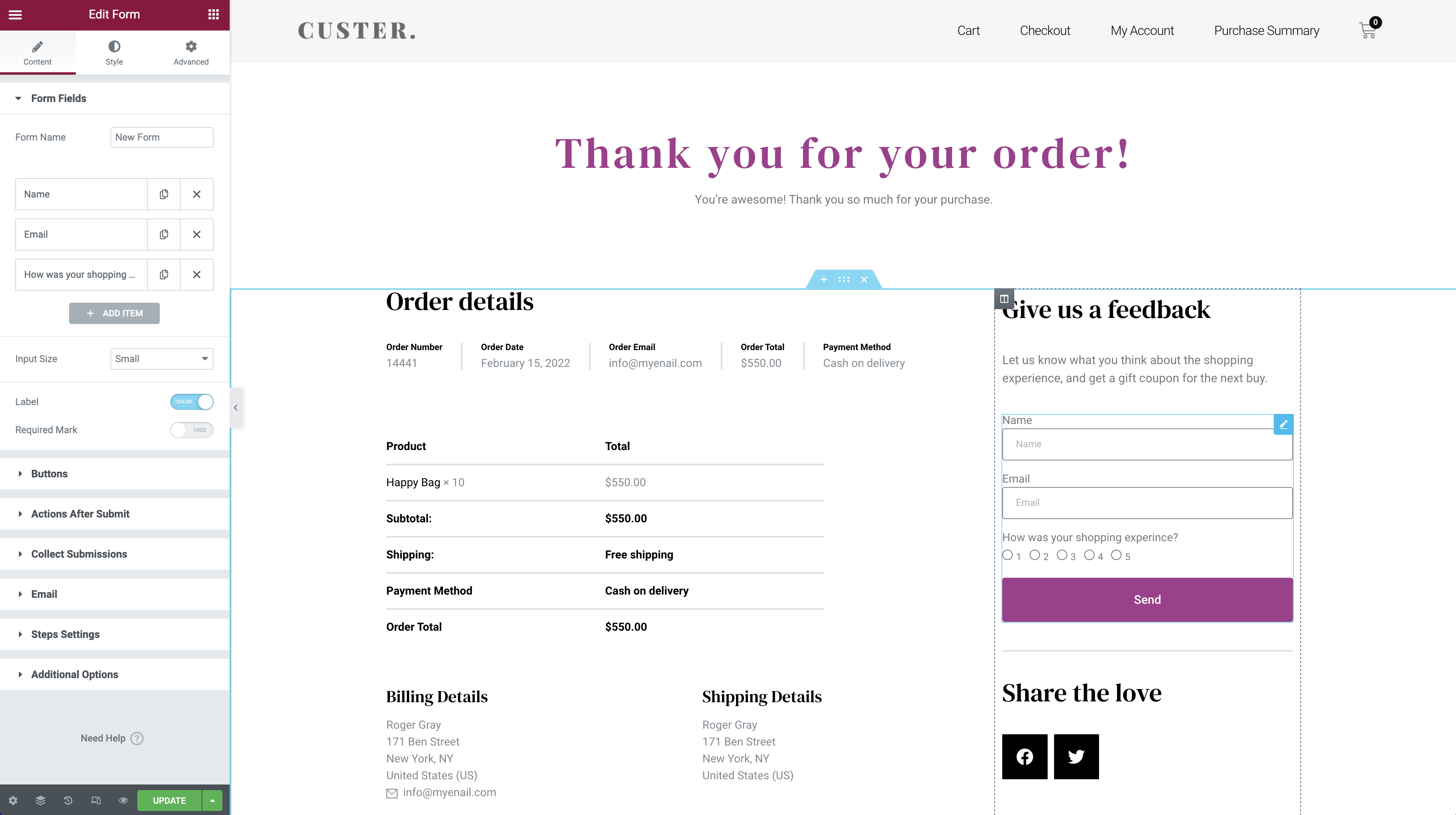 Uma página de agradecimento personalizada do WooCommerce pode coletar feedback do cliente.