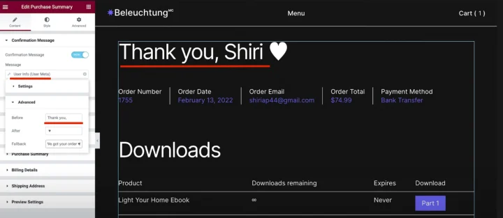 Realice ajustes en su página de agradecimiento de WooCommerce en Elementor con etiquetas dinámicas.
