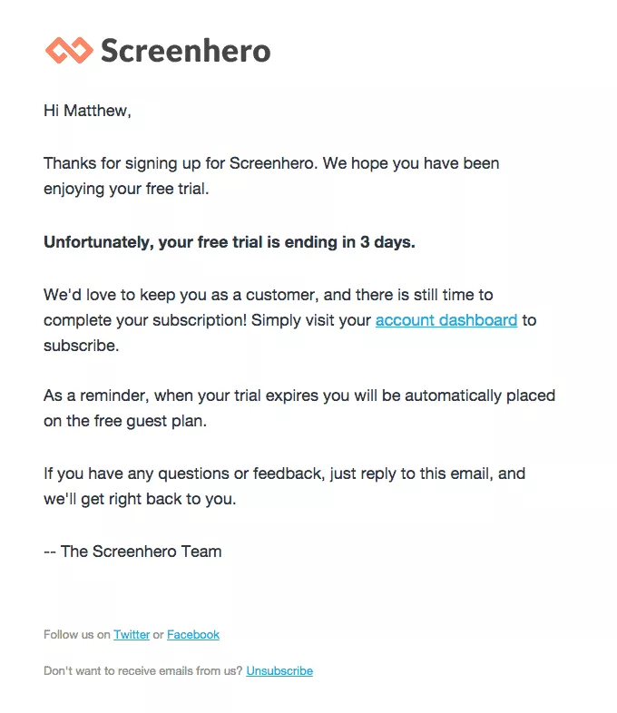 bezpłatna wiadomość e-mail o wygaśnięciu okresu próbnego od screenhero