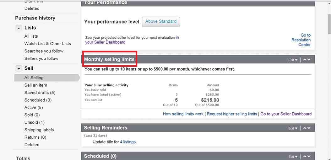 Limites de vendas do eBay