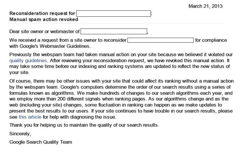 Lettre de Google sur la levée manuelle des pénalités de lien