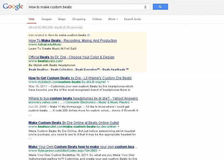 A Screen Capture of a Google Search for the phrase "how to make custom beats"