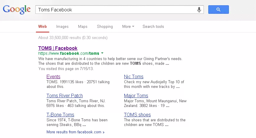 Google search listing showing entry for TOMS shoes.