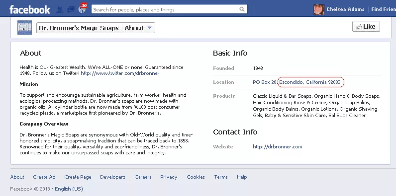 Facebook About section with Location information highlighted.