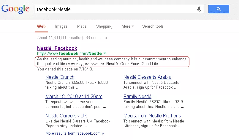 Google search listing showing entry for Nestle Facebook Page.