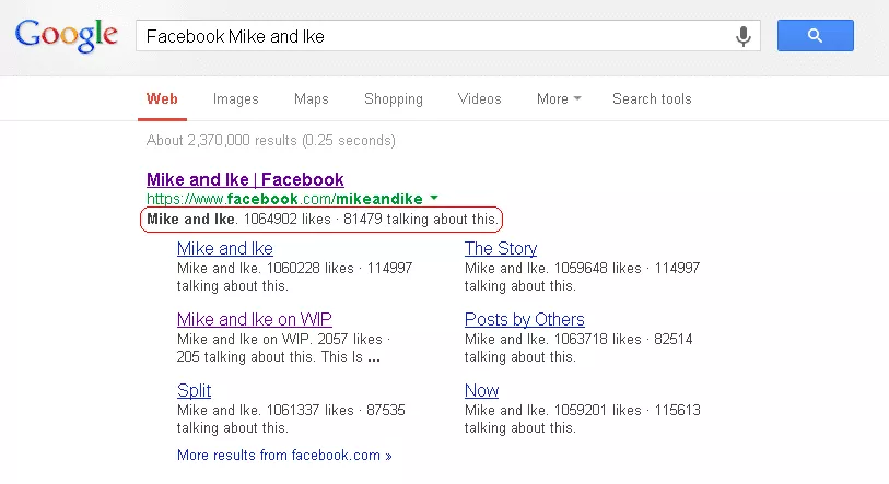 Google search listing showing entry for Mike and Ike candy Facebook Page.