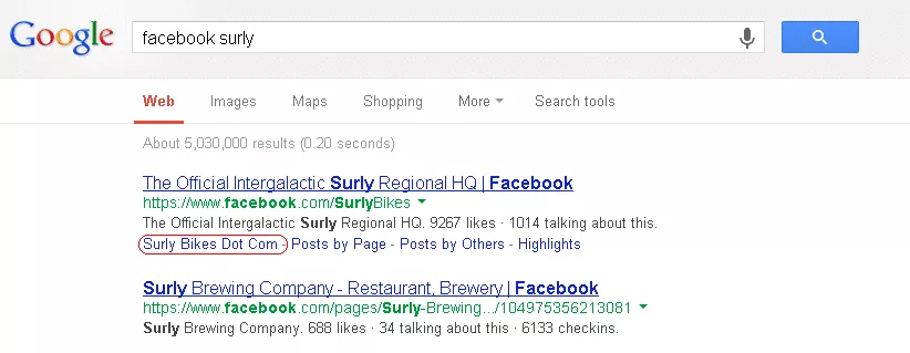 Google search listing showing entry for Surly bicycles Facebook Page.