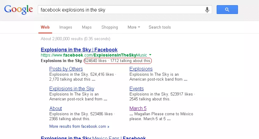 Explosiones en el cielo Resultados de búsqueda de Google con números de interacción resaltados.