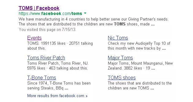 Google search listing showing entry for TOMS shoes Facebook Page.