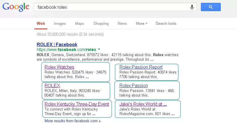 Google search listing showing entry for Rolex watches Facebook Page.