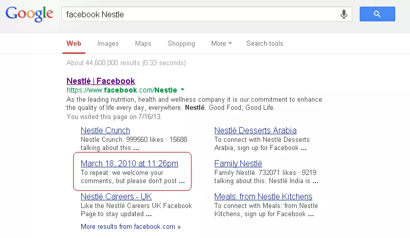 Google search listing showing entry for Nestle Facebook Page with clustered Facebook post highlighted