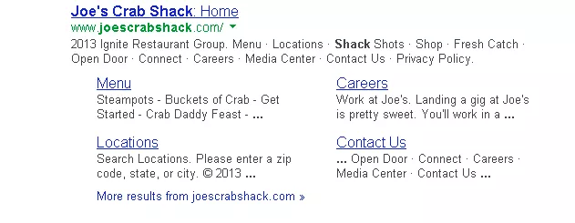 Google search listing showing entry for Joes Crab Shack website.