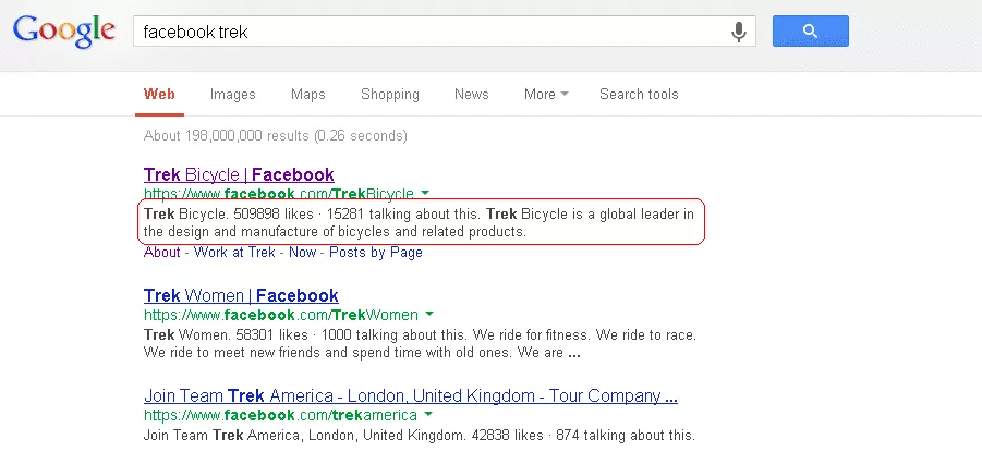 Google search listing showing entry for Trek bicycles Facebook Page.