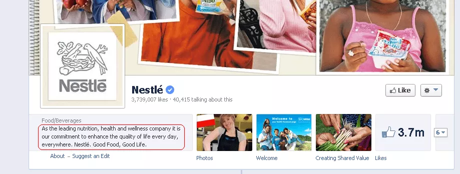 Nestle Facebook Page Short Description called out in red