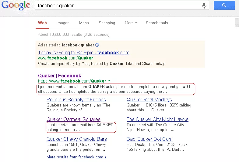 Google search listing showing entry for Quaker Facebook Page.