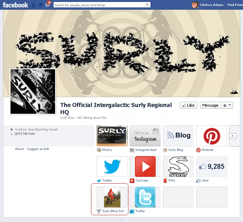 Surly Facebook Page showing a Facebook app highlighted.