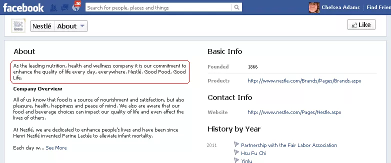 Facebook About section showing the main About information for Nestle highlighted. 