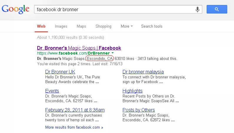 Google search listing showing entry for Dr Bronners soap Facebook Page.