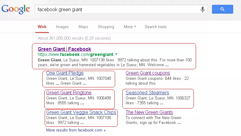 Google search listing showing entry for Green Giant Facebook Page with links highlighted. 