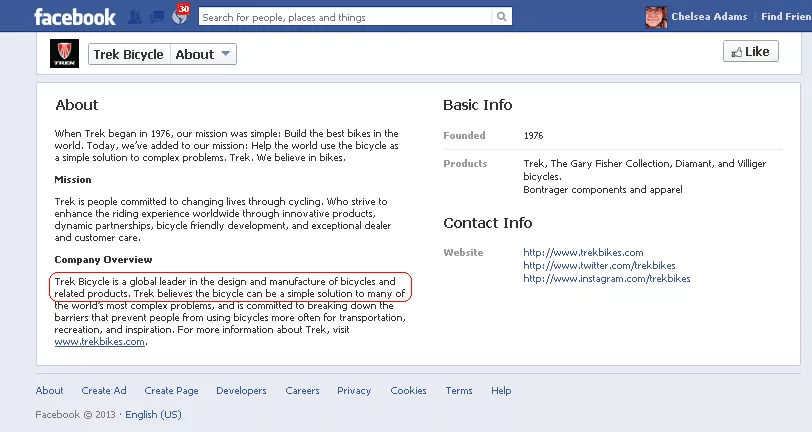 Facebook About section for Trek bicycles with Company Overview highlighted