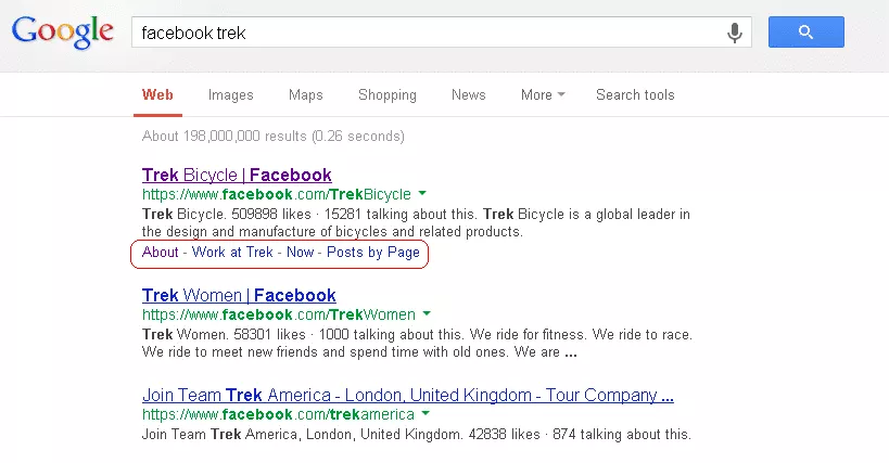 Google search listing showing entry for Trek bicycles Facebook Page with links highlighted. 