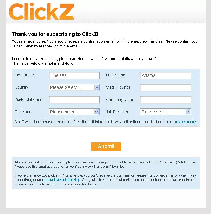 ClickZ newsletter thank you page example