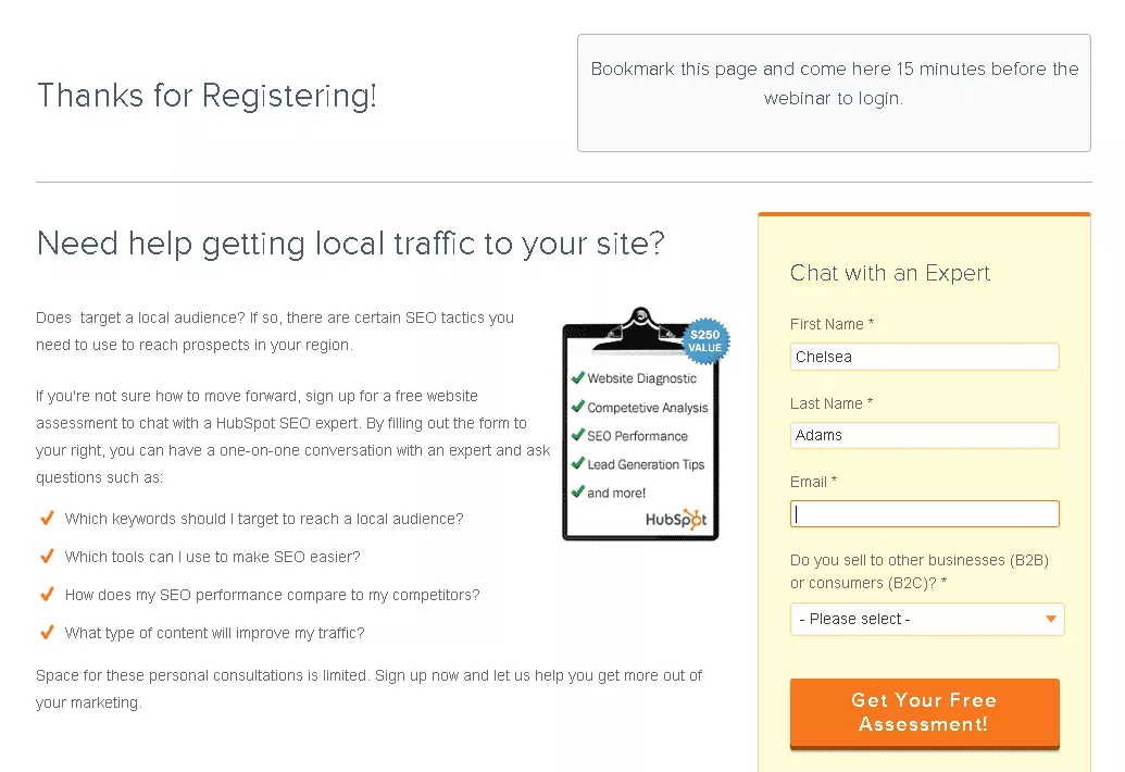 Hubspot webinar registration thank you page example