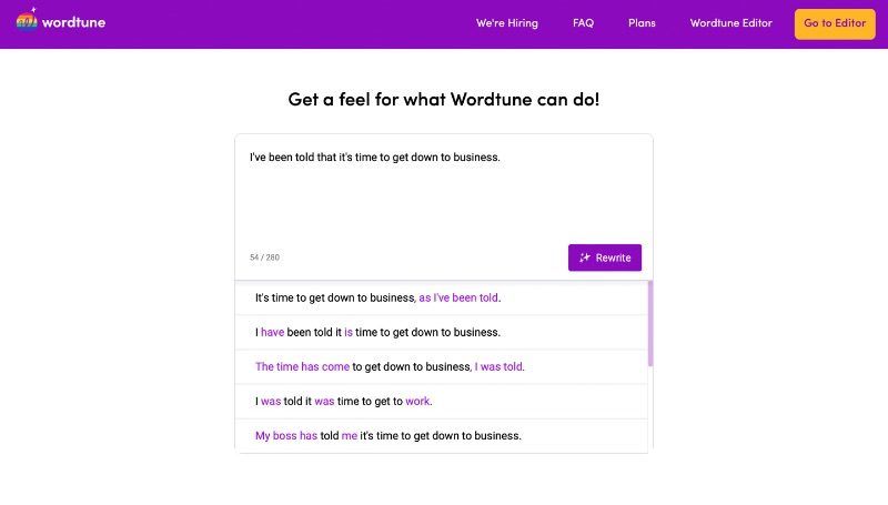 Wordtune web sitesinde yeniden yazma aracı