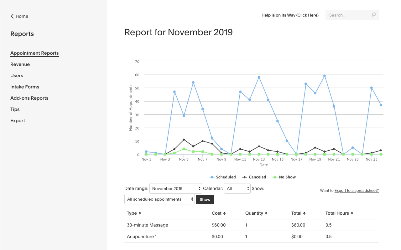 <p><i><span style="font-weight: 400;">Income and appointments report in </span></i><a href="https://www.capterra.com/p/128285/Acuity-Scheduling/"><i><span style="font-weight: 400;">Acuity Scheduling</span></i></a><i><span style="font-weight: 400;"> (</span></i><a href="https://www.capterra.com/p/128285/Acuity-Scheduling/"><i><span style="font-weight: 400;">Source</span></i></a><i><span style="font-weight: 400;">)</span></i></p>
