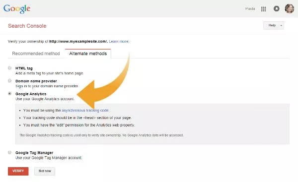 Verifizierungsoptionen für die Google Search Console