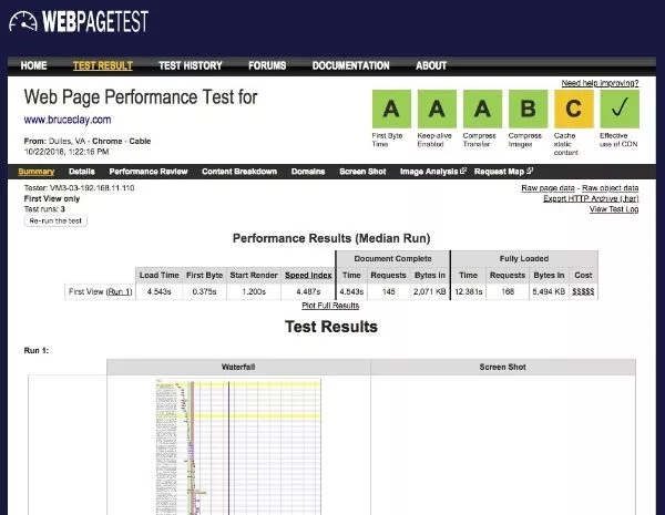 لقطة شاشة لأداة تدقيق WebPageTest.org