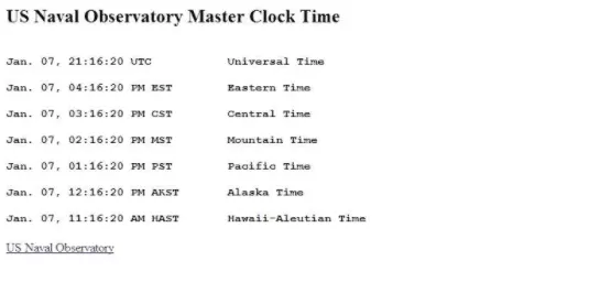Exemplo de hora do relógio do Observatório Naval dos EUA.