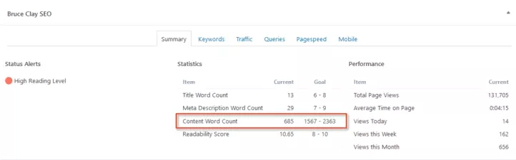 BruceClaySEOプラグインはターゲット単語数を提供します。