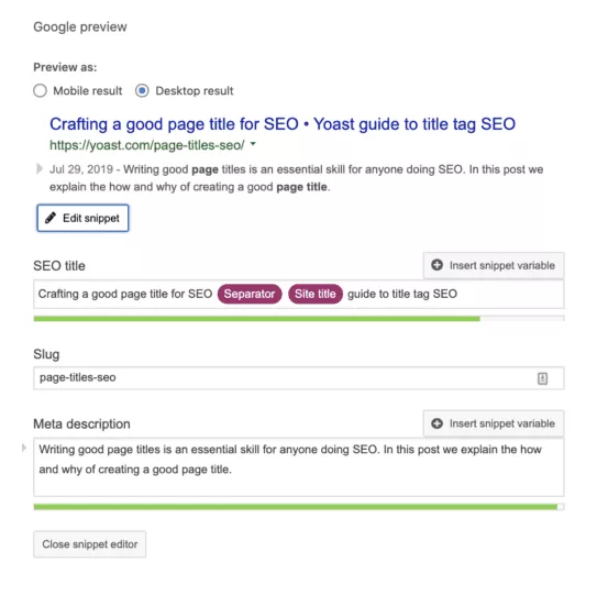 YoastSEOスニペットエディターのスクリーンショット。