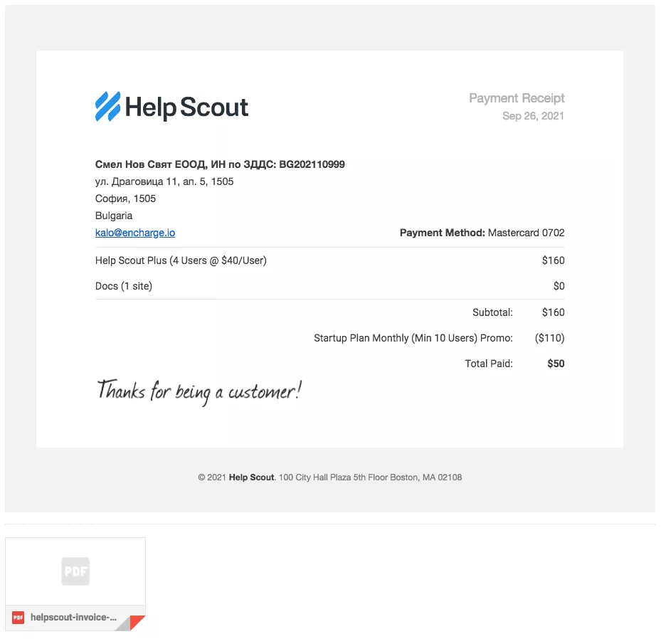 Tangkapan layar email faktur HelpScout