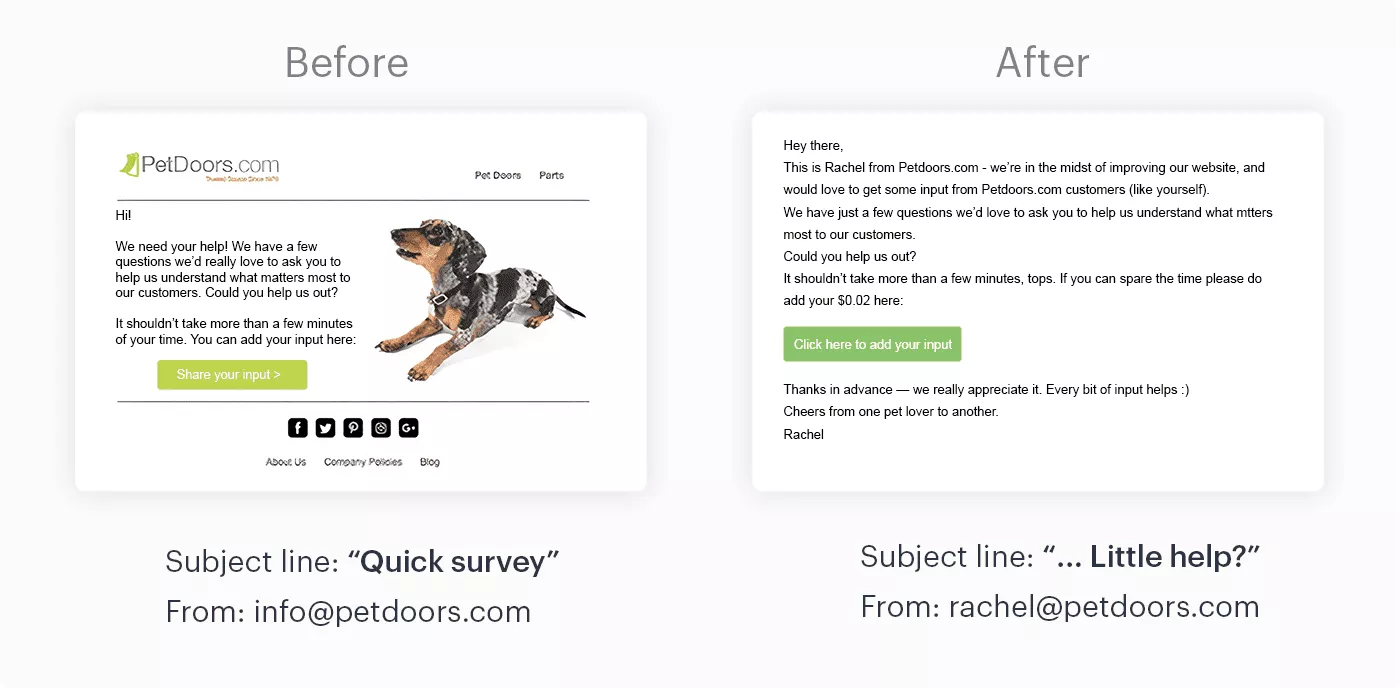 Petdoors sebelum dan sesudah email umpan balik