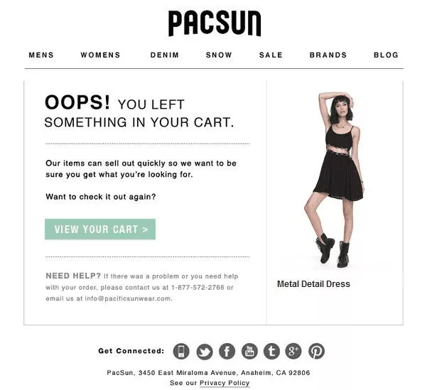 Tangkapan layar email pengabaian keranjang dari Pacsun