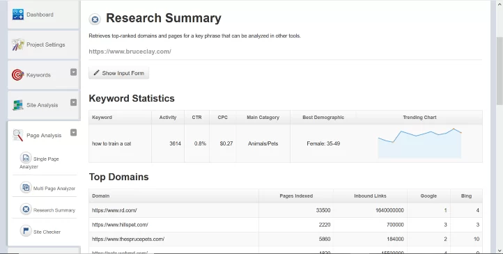 SEOToolSet'te Araştırma Özeti raporu.