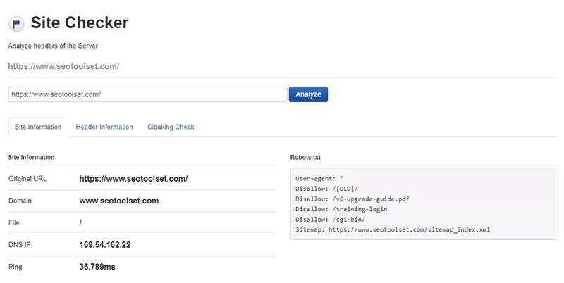 SEOToolSet 中的站點檢查器工具。