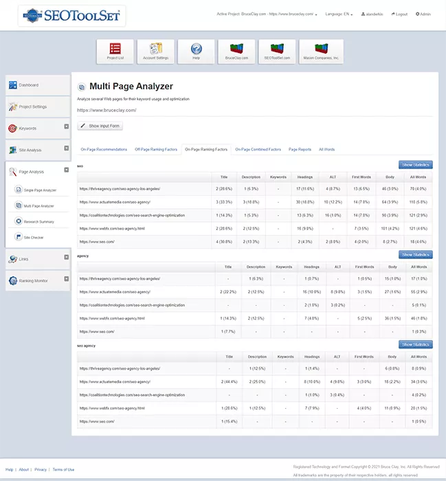 SEOToolSet MultiPage Analyzer 工具中的頁面排名因素。