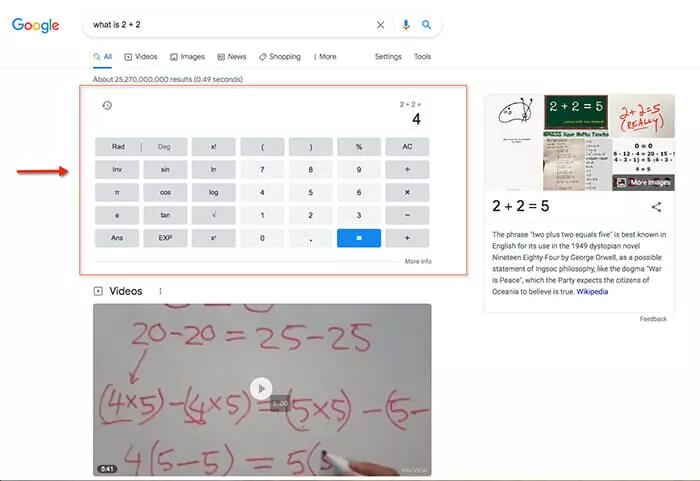 يعرض Google SERP بطاقة معرفية لطلب البحث "ما هو 2 + 2".