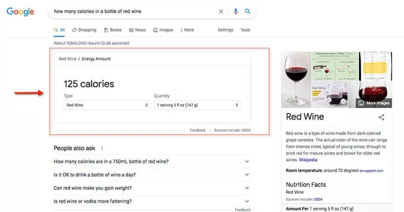 مثال على بطاقة المعرفة من Google لطلب البحث "كم عدد السعرات الحرارية في زجاجة من النبيذ الأحمر".
