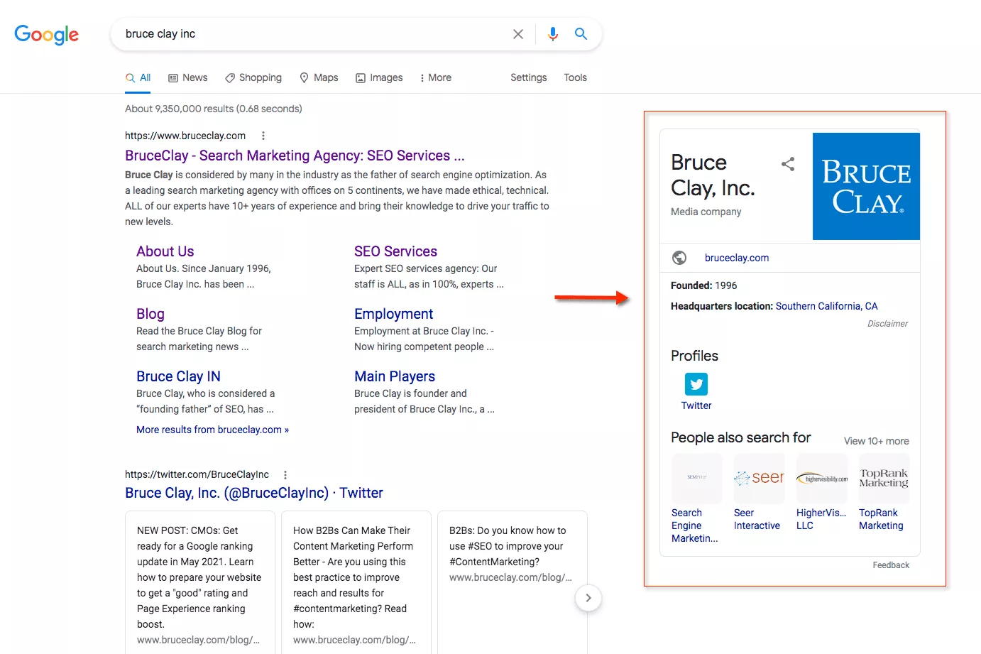 لوحة معرفة Google SERP لشركة Bruce Clay Inc.