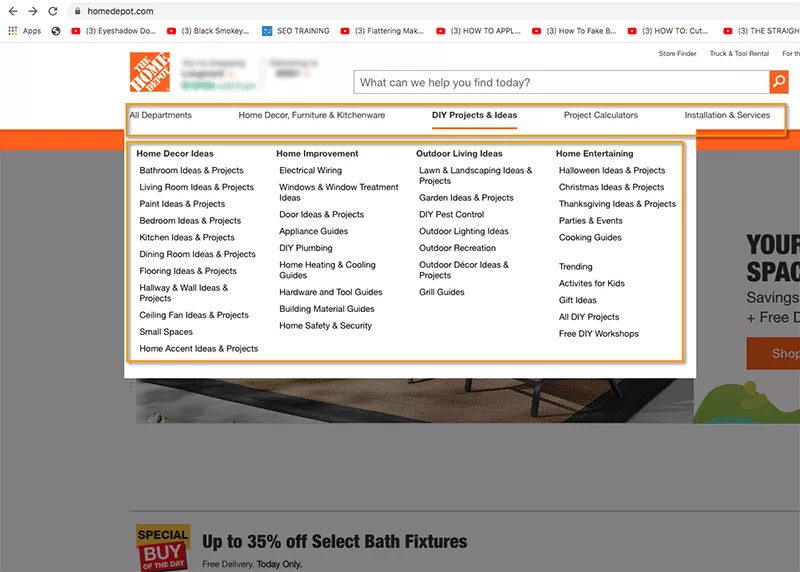 Tautan menu navigasi utama HomeDepot.com.