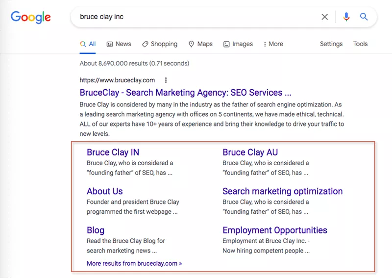 BruceClay.com 的 Google 搜索列表顯示垂直的兩列附加鏈接。